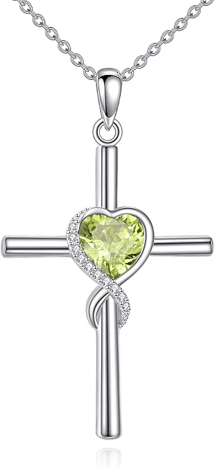 S925 Sterling Silver Cross Necklace for Women Birthstone Necklace Heart Infinity Cross Pendant Necklace Christmas Valentines Day Gifts Birthday Holiday Gifts for Her, 18"+2" Inches