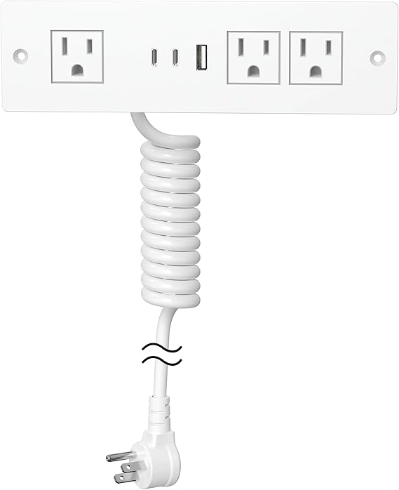 Furniture Drawer Outlet, Recessed Power Strip with (3) PD 20W USB Ports Fast Charging & (3) 15 Amp AC Outlets, (14 AWG) 5 FT White Spring Cord