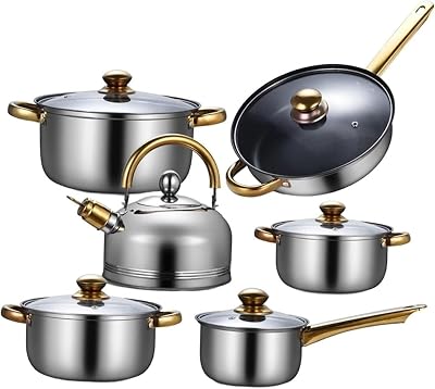 Kitchen Cookware Sets, 6 Pieces Stainless Steel Cooking Set Portable with Glass Lid Cookware Pots and Pans Set for Home Cooking Set Cooking Pots A One Size