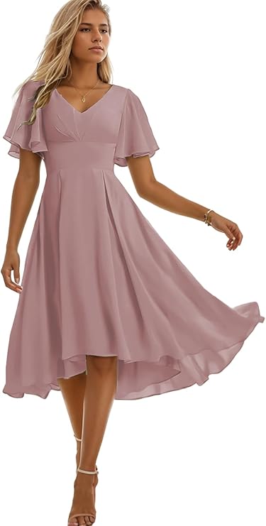 High Low Bridesmaid Dresses Dusty Rose Pleated Chiffon Wedding Guest Dress for Women Short Sleeve Evening Gown Size 2