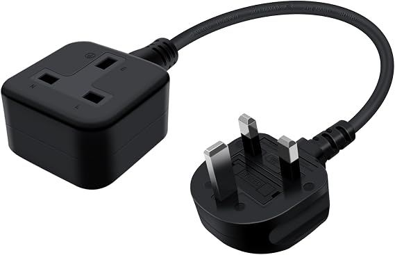 Short 1 Way Gang Single Socket 13A 250V Single Gang Extension Lead Short for Home Office School (Black, 0.3 m)