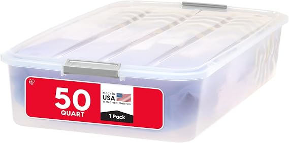 IRIS USA 50 Qt. Long Under Bed Storage Bin with Lids, Clear | Maximize dorm storage with underbed storage for clothing, shoes, bedding, and seasonal essentials in small living spaces.