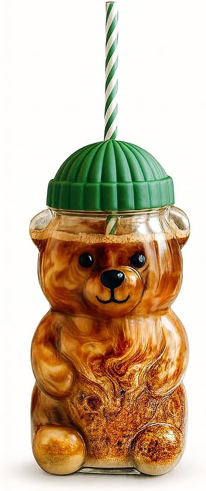 Bear Glass Mug with Beanie, 20oz Cold Coffee Cup Green Straw Hot or Cold Borosilicate Glass 600ml Tumbler Mug, Holds Temperatures up to 500 Degrees,