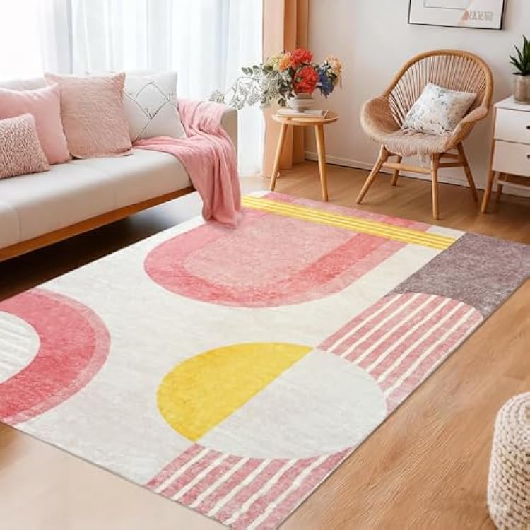 USTIDE Pink Geometric Kids Rug 5x755x78 Modern Washable Area Rug Soft Fluffy Girls Bedroom Rug Indoor Throw Carpet for Living Room Nursery Play Room