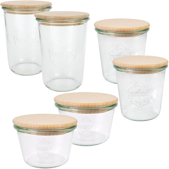 Weck Jars Set (6 Preserving Jars, 2 x 250 ml, 2 x 500 ml, 2 x 750 ml with Wooden Lid, for Preserving/Storing Food) 79213