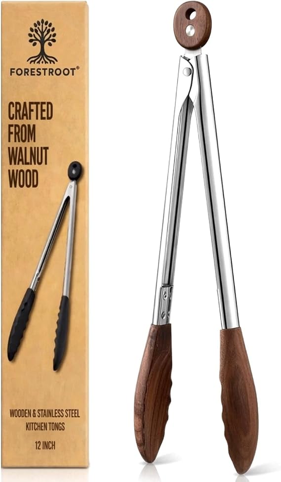 Walnut Wood Kitchen Tongs 12-Inch Nonstick-Safe Wooden Salad & Grill Tongs for Cooking, Serving, BBQ, and Tossing Salad Durable Stainless Steel Core with Natural Wooden Tips