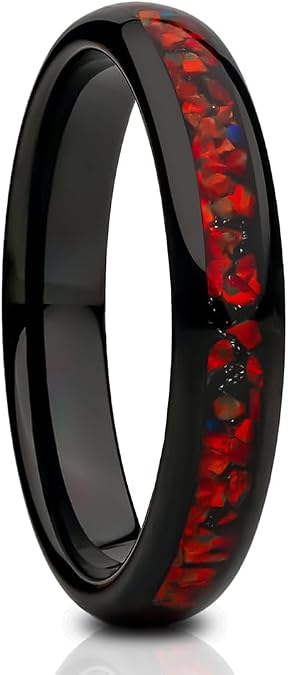 Galaxy Opal Wedding Ring, Black Tungsten 4mm Wedding Band Tungsten Carbide Comfort Fit Engagement Red Ring