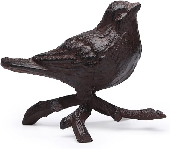 BRASSTAR Rustic Cast Iron Bird with Branches Statue, Indoor Outdoor Decor