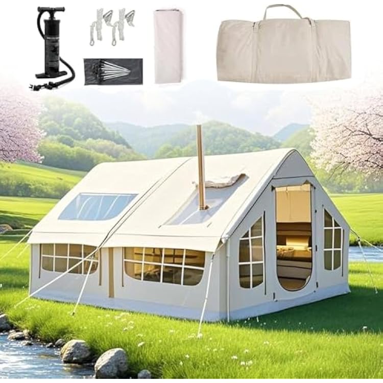 10m2 Inflatable Glamping Tent with Stove Jack - Waterproof Luxury Air Tent for 6-8 People, Easy Setup 4-Season Camping Tent with Mesh Windows & Pump, Perfect for Family Outdoor Adventures,B
