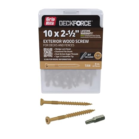 Grip-Rite DeckForce Exterior Wood Screws for Decks and Fences - Nano Coated - T-17 Autopilot Tip - Tan Deck Screws - #10 x 2-1/2" - 40 Count - GRDF212STT40