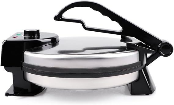 Roti Maker with Free Warmer, Anti-Scald Handle and Indicator Light, Automatic Non-Stick for Chapati & Tortilla Pancake Crepe Silver Black
