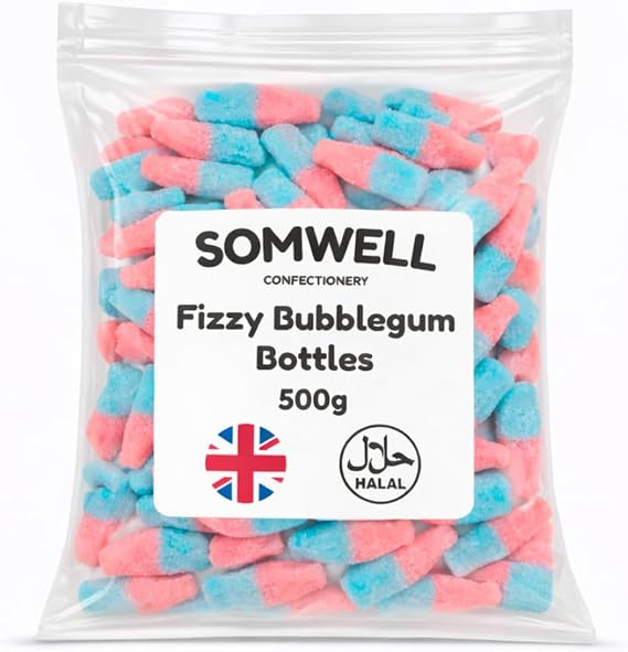 Somwell - Fizzy Bubblegum Bottles 500g - Halal Sweets - Retro Pick & Mix Jellies - Ideal Bulk Party Chewy Sweets, Birthday Candy, Cake Decorations & Sharing - Resealable Pouch