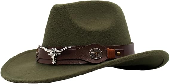 Classic Western Felt Cowboy Cowgirl Hat for Women Men Teen Cowboy Hat with Cow Head Belt