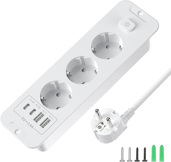 Retractable Socket 3-Way with Switch USB C PD 20 W 2 m White