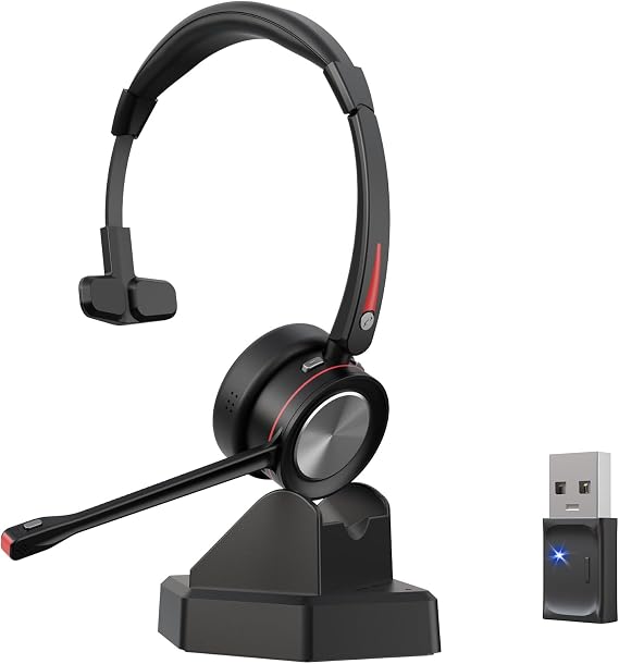 Headset with Microphone Bluetooth & USB Dongle 40 Hours Call Time & 20 m Range Wireless Headset with Charging Station Wireless Call Centre Headphones for Teams Business Office