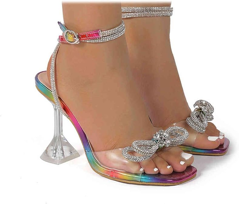 SACFOF Women's Square Toe Clear Heels Sexy Rhinestone Bow Heels Open Toe Ankle Strap Stiletto High Heel Sandals Dress