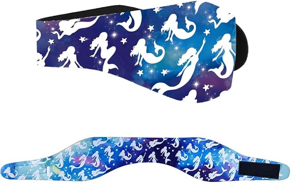 WIRESTER Adjustable Swimming Headband Ear Band, Neoprene Ear Guard Keep Water Out, Hold Earplugs in, Swimmer Ear Protection Hair Band for Men Women Kids (Large) - Blue Sea Mermaid Pattern