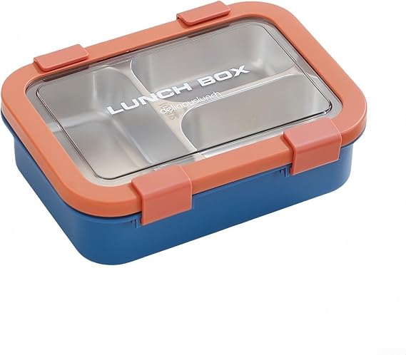 Stainless Steel Lunch Box, 3 Compartment Container with Leakproof Lids, Food Sandwich Salad Storage(Orange)