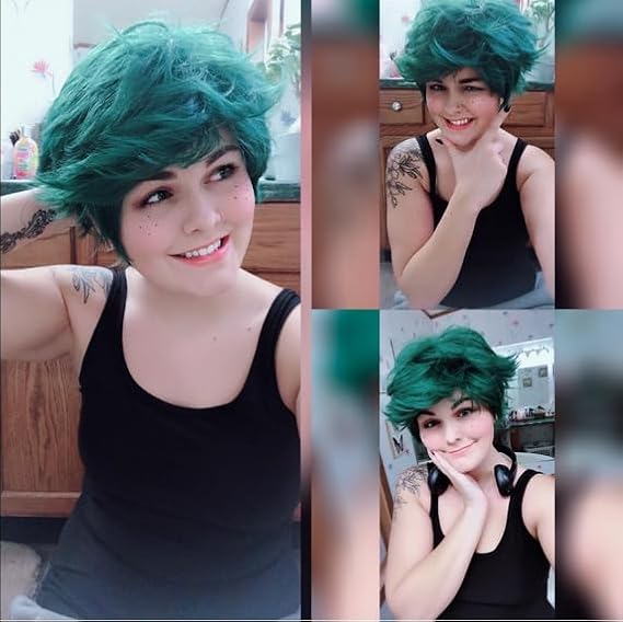 Short Green Wig Curly Wave Heat Resistant Fiber Synthetic Cosplay Wigs for Halloween or Christmas Day Wear (Dark Green)