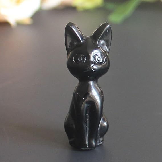 Hand Carved Gemstone Crystal Abyssinian Egyptian cat Figurine Animal Statue Carving Office Room Home Decor 2'' (Black Obsidian)