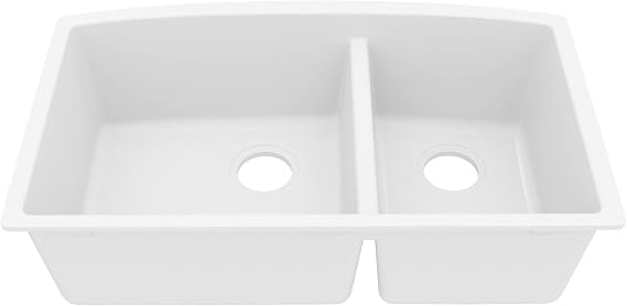 Karran QU-711 32" Undermount Quartz Composite Kitchen Sink, 60/40 Double Bowl, Rear Drain, Heat & Scratch Resistant, Easy Clean, White