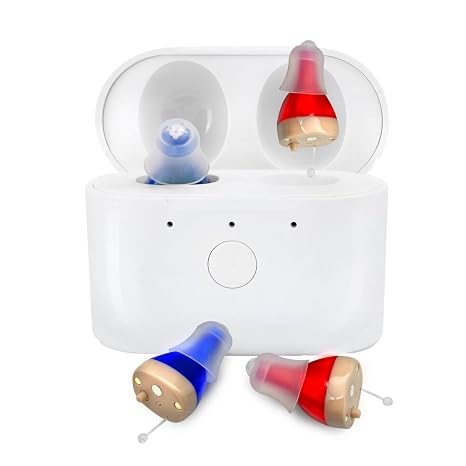 Rechargeable Hearing Aids for Seniors, Invisible Digital Hearing Amplifiers, 12-Channel OTC Hearing Amplifier with Noise Cancelling Hearing Aids Accessories Pair (Blue and Red)