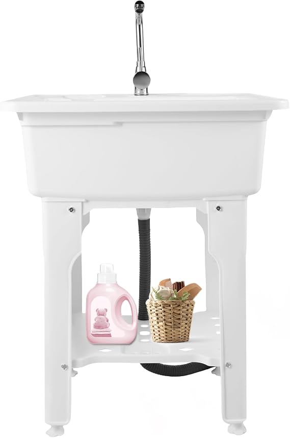 Plastic Laundry Sink, Indoor White Utility Sink with Cold & Hot Water Faucet and Washboard, Freestanding Laundry Tub Rectangular Slop Sink with Hoses & Drain Kit for Laundry, Garages, Basement