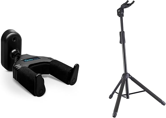 GUITTO GGS-08 Guitar Wall Mount Hanger & GGS-06 Universal Portable Adjustable Folding Hanging Guitar Floor Stands