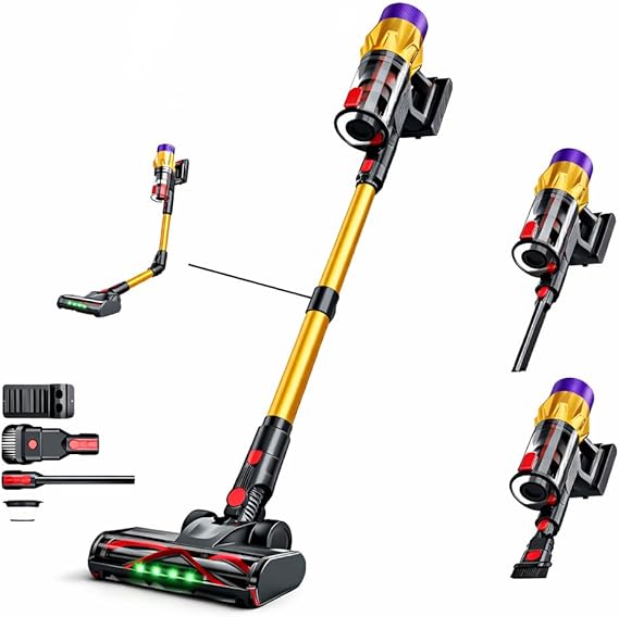 650W Şarjlı Dikey Süpürge 40kPa Güçlü Emiş – Şarjlı Süpürge, Fırçasız Motor, LED Yeşil Lazer Işık, Bükülebilir Mafsal, Görünmeyen Tozlar İçin Güçlü Temizlik