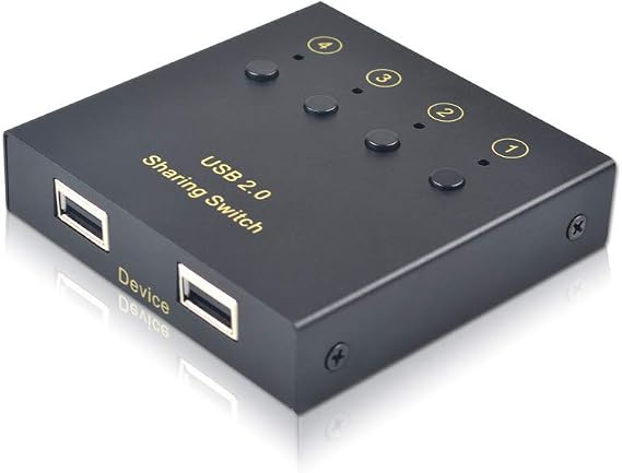 eKL USB Switch Selector 4 Computers in Sharing 2 USB Devices Out Controller USB 2.0 Peripheral Switcher Box Hub for Mouse Keyboard PCs Scanner Printer with Button Swapping and 4 Pack USB A to B Cable
