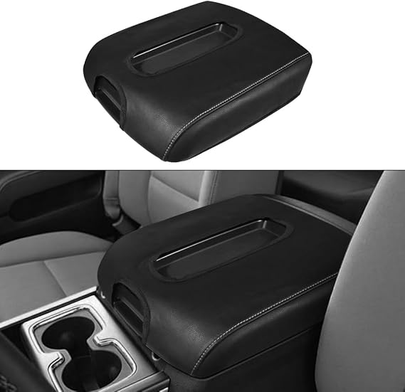 DEYTOP Center Console Cover for Chevy Silverado & Sierra 2014-2018 Accessories Console Armrest Cover for Chevy Tahoe Yukon 2015-2019 (Black with White Stitches, 14-18 Full Floor Console)