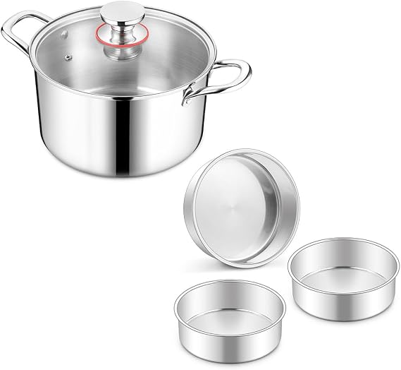 Stock Pot & Cake Pan, Homikit 6QT Large Stockpot with 8 Inch Stainless Steel Layer Cake Tins for Baking, Soup Pot for Pasta Vegetable Steaming and StewingDishwasher Safe