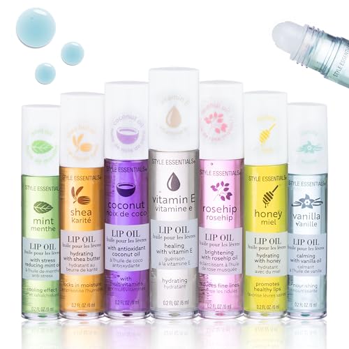 EXPRESSIONS 7pc Lip Oil Collection with Essential Oils - Hydrating Roll On Lip Oils Infused wNatural Healing Essential Oils - Rollerball Lip Oils, Vitamin Enriched Lip Glow Oil Set
