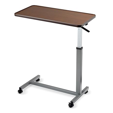 Invacare Bed Table, Height Adjustable Overbed Table, Hospital Bedside Table, Medical Rolling Desk with Wheels, Waterproof Medical and Home Use L-Shaped Steel Base Over Bed Tray Table