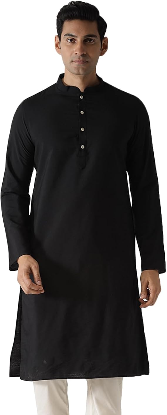 KISAH Men Solid Kurta Full Sleaves, Knee Length, Straight, Regular Fit, Mandarin Collar Ethnic wear, Midnight Black