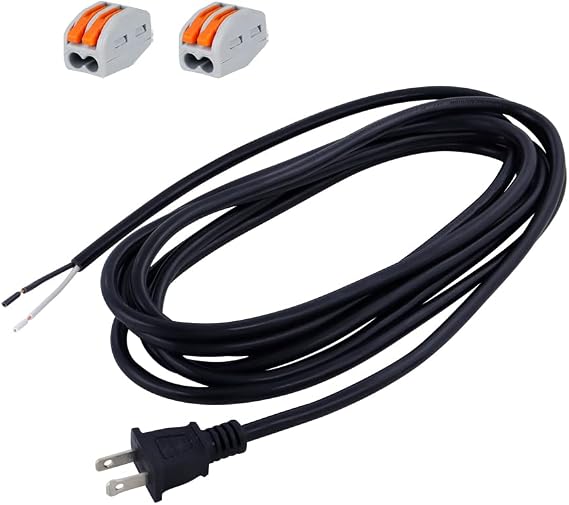 12FT Replacement Power Cord 18 Gauge Round Cable Polarized 2 Prong Plug Pigtail 18 AWG 120V AC Power Supply Cord SJT 2C Wire Stripped Off 10A 1250watt Black Plug Cords Open End