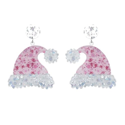 Christmas Dangle Earrings for Women Pink Glitter Acrylic Chrsitmas Trees Hat Sequin Earring Xmas Holiday Vacation Party Friendship Festive Jewelry Gift