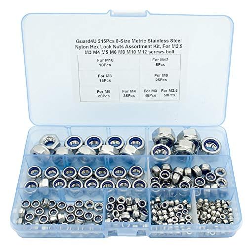 215Pcs 8-Size Metric Stainless Steel Nylon Insert Hex Lock Nuts Assortment Kit, for M2.5 M3 M4 M5 M6 M8 M10 M12 Screws Bolt