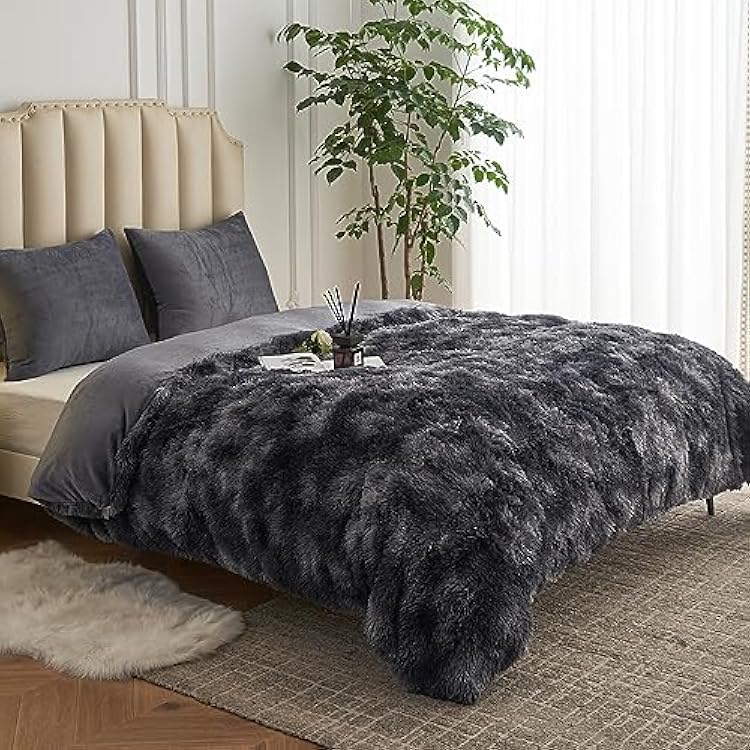 CHOSHOME Plush Shaggy Duvet Cover King Size, 3 PCS Fluffy Comforter Fuzzy Flannel Bedding Sets1 Faux Fur Duvet Cover  2 Pillowcases, Zipper Closure & 8 Corner Ties, Tie-Dye Light Grey