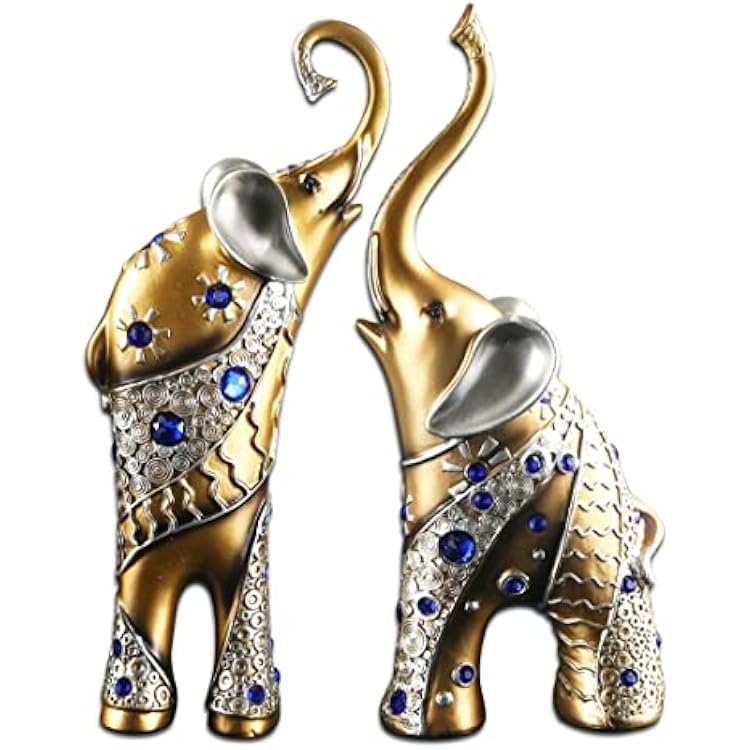 Mose Cafolo Set of 2 pcs Pair of Large 12 Tall Golden Feng Shui Thai Elephant Statues Figurines with Beautiful Blue Gem Wealth Lucky Figurine Gift & Home Decor