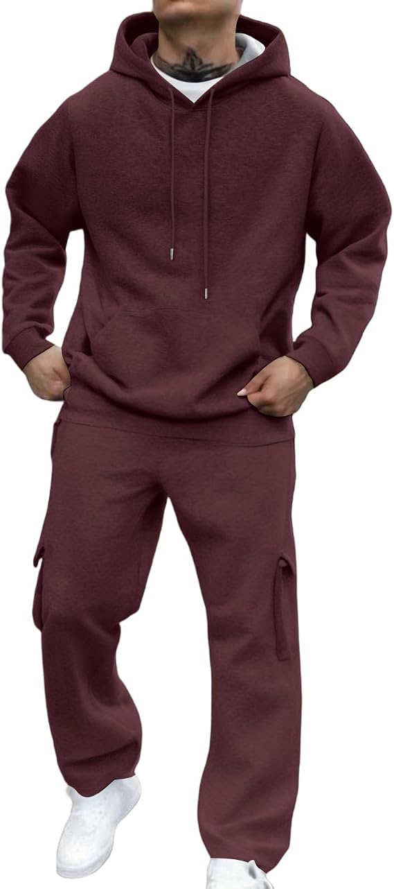 Men's Classic Two Piece Set Fleece Zip Hoodie Jacket Elastic Waist Sweatsuits Cargo Pants Outdoor Sweatpants