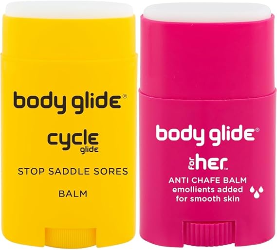 BodyGlide Cycle Glide Anti Chafe Balm Stick for Biking, Motorcycling, Horseback 1.5oz + for Her Anti Chafe Balm for Bra, Thighs, Heels 0.8oz