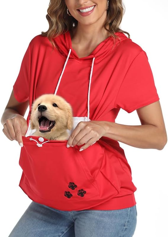 Jessie Kangaroo Pouch Hoodie Summer Cat Pouch Hoodie Short Sleeve Hoodie with Dog Pouch (Red,XL)