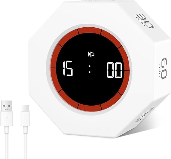 Cuteefun Rotating Cube Timer, Octagon Pomodoro Timer Desk, White