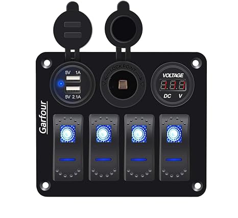 4 Gang Boat Switch Panel, Marine-Grade Waterproof Aluminum Switch Panel with 12V Voltmeter, 3.1A Dual USB Charger &Lighter Socket - Universal for Marine, RV, Truck Control Dashboards