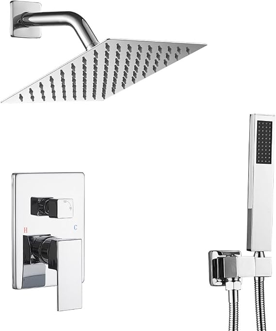 Chrome Shower System with High Pressure 8'' Rainfall Shower Head, Handheld Shower head, Bathroom Luxury Rain Mixer Shower Combo Set Wall Mounted Shower Faucet Rough-in Valve and Trim Kit