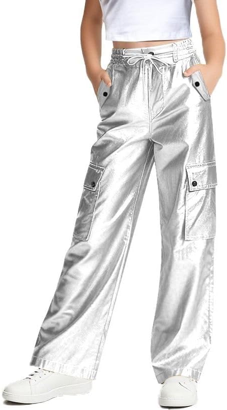 Cromoncent Girls & Womens Metallic Cargo Pants Hip Hop Dance Joggers Pants with Pockets, 6 Years - 2XL
