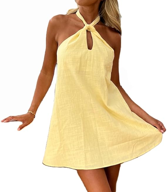 Women Y2K Halter Mini Dress Summer Boho Floral Print A-line Sleeveless Backless Beach Vacation Dress Party Clubwear