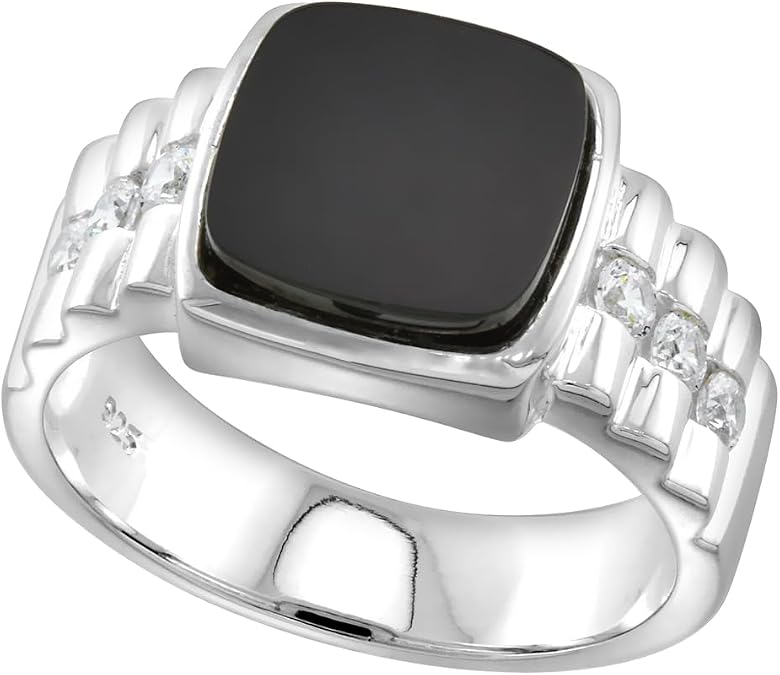 Sterling Silver Mens Black Onyx Ring Square CZ Accent 1/2 inch wide sizes 8-13