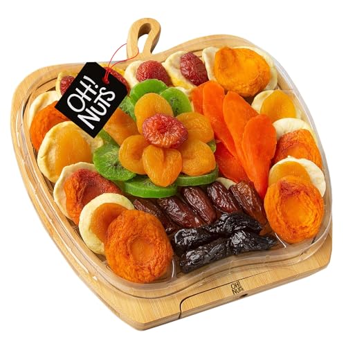 Oh! Nuts Dried Fruit Gift Basket - Gourmet Gift Baskets - Holiday Healthy Assortment Dried Fruits Gift Box - Crafted in the USA - Wooden Apple Shape Gift Tray - Sunset Orange